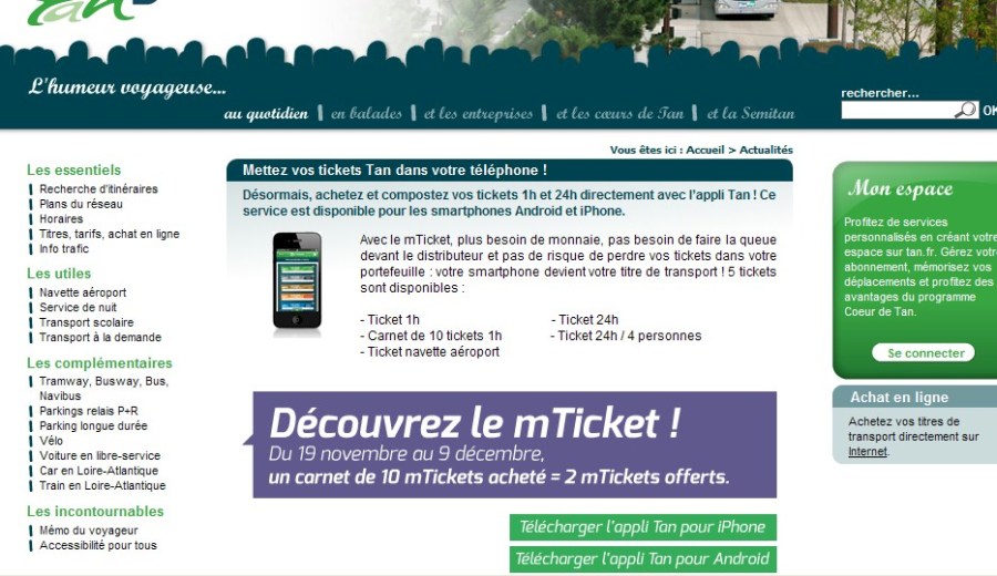 Image de la page du site Tan consacrée au mTicket
