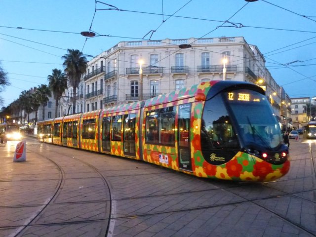 La rame 2097 Citadis 402 Alstom est photographiée place Auguste-Gibert à Montpellier, le lundi 16 février 2015. Copyright : Louis Ferdinand