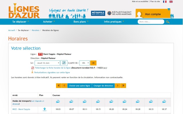 Le bon exemplaire niçois où les clients des Lignes d'Azur ont toujours le choix de consulter les horaires de la façon qu'ils l'entendent. Capture d'écran du site Lignes d'Azur réalisée le jeudi 16 juin 2016. 
