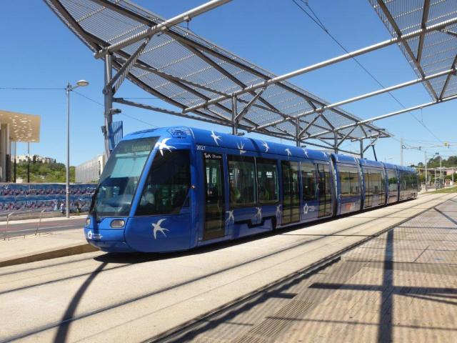 A Montpellier, la rame 2027 Citadis 401 Alstom baptisée "Région Languedoc-Roussillon" est photographiée à la station "Occitanie" de la ligne 1, le jeudi 23 juin 2016. Copyright : Louis Ferdinand