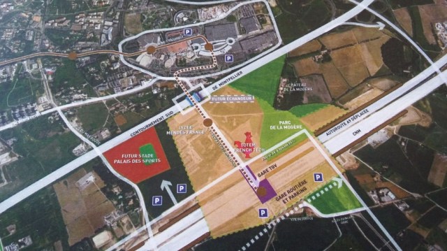 A gauche, l'emplacement du futur stade de football de Montpellier dont l'inauguration est programmée en 2022. Document : Montpellier Méditerranée Métropole (30/11/2016)