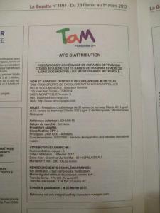 Avis d'attribution du marché publié dans La Gazette de Montpellier du jeudi 23 février au mercredi 1er mars 2017