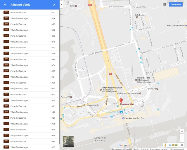Après les bus et le métro, les Franciliens peuvent consulter les horaires des stations de tramway de Paris et d’Île-de-France. Capture d'écran Google Maps présentant les horaires de la station "Aéroport d'Orly" du T7, le samedi 11 mars 2017 à 18h15