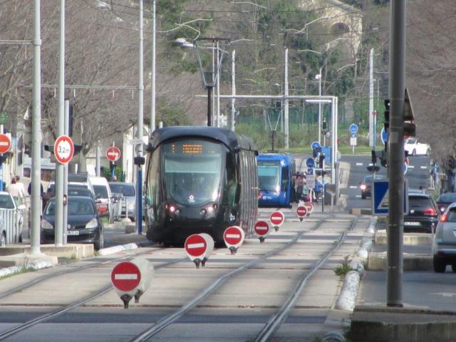 La plateforme de la ligne 1 de tramway de l'avenue de Barcelone, quartier Mosson à Montpellier, a été équipée de plusieurs fosses anti-franchissements au mois de juillet 2015. Sur la photo, prise le samedi 18 mars 2017, la rame 2099 Citadis 402 Alstom multilignes circule en direction de la station "Stade de la Mosson". Copyright : Edouard Paris